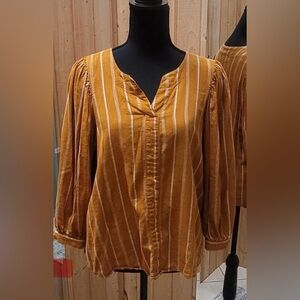 a.n.a Women's Mustard Gold Striped Ballooon Sleeve‎ Boho Blouse Top Small S (A2)